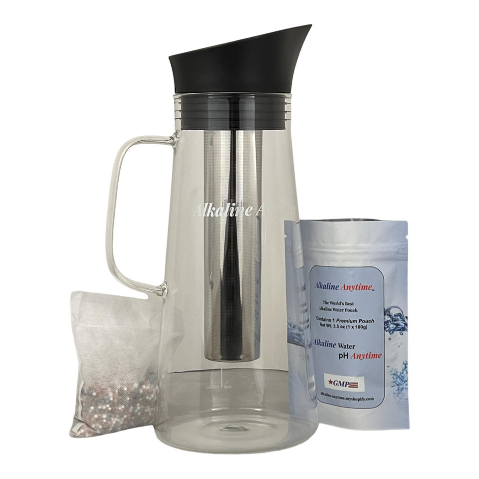 Alkalischer Wasserfilterkrug mit Teesieb, Glaskrug mit Deckel 1,5 l | 9,5 pH-Alkalifilter | Teekanne | Borosilikatglas | Teekanne