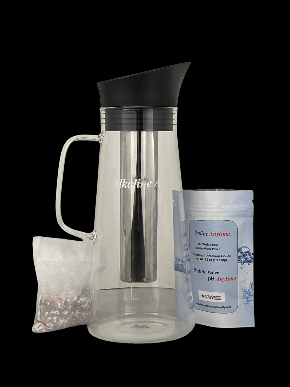 Alkalischer Wasserfilterkrug mit Teesieb, Glaskrug mit Deckel 1,5 l | 9,5 pH-Alkalifilter | Teekanne | Borosilikatglas | Teekanne