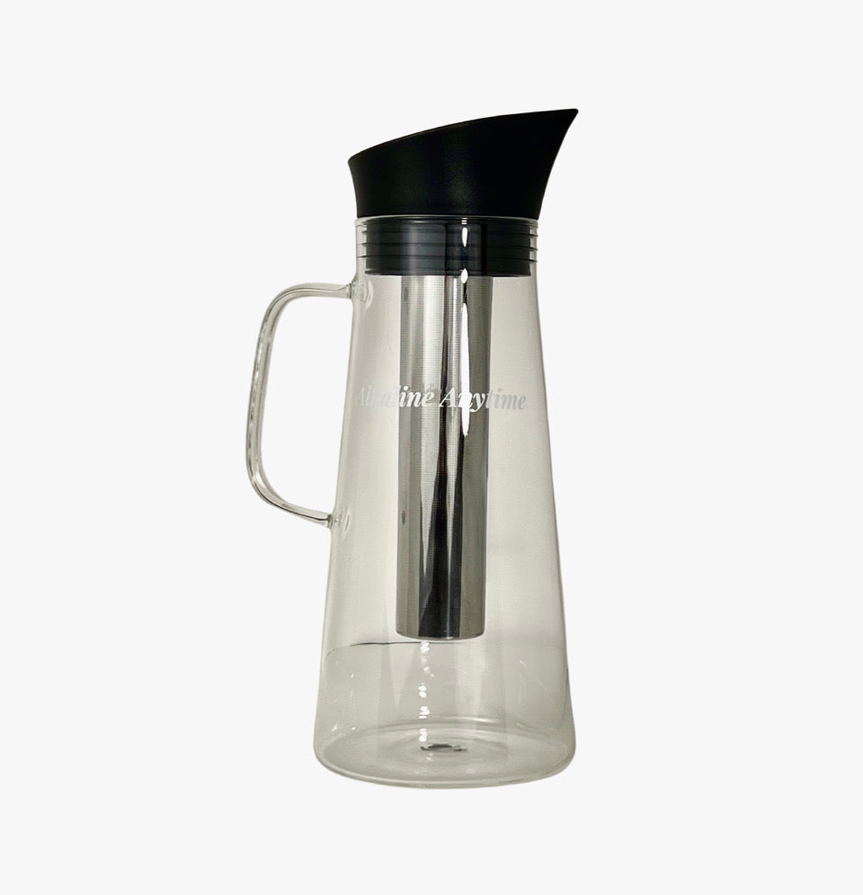 Alkalischer Wasserfilterkrug mit Teesieb, Glaskrug mit Deckel 1,5 l | 9,5 pH-Alkalifilter | Teekanne | Borosilikatglas | Teekanne