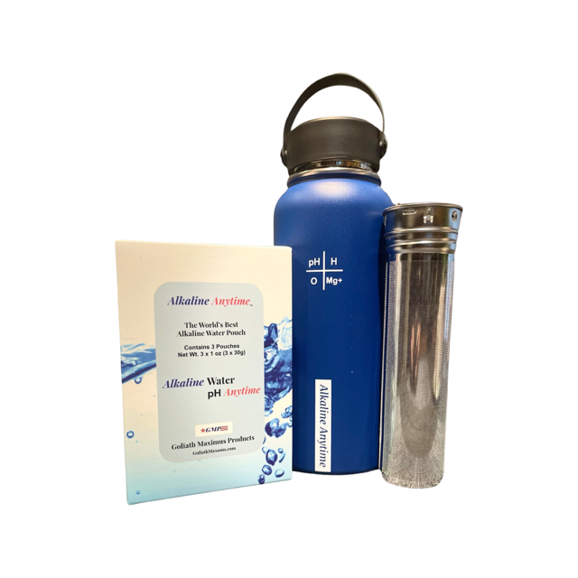 32oz. Alkalische Wasserflasche Edelstahl | Erzeugt pH-Wasser bis zu 9,5+ pH | Weithals vakuumisoliert mit Griff | Micromesh-Beutel und Infuser