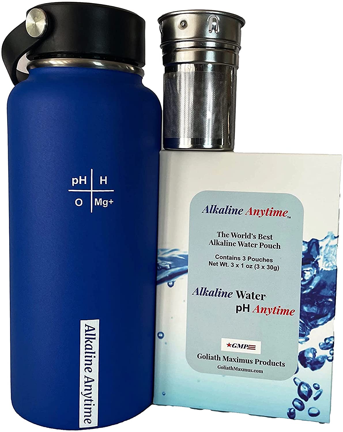 32oz. Alkalische Wasserflasche Edelstahl | Erzeugt pH-Wasser bis zu 9,5+ pH | Weithals vakuumisoliert mit Griff | Micromesh-Beutel und Infuser