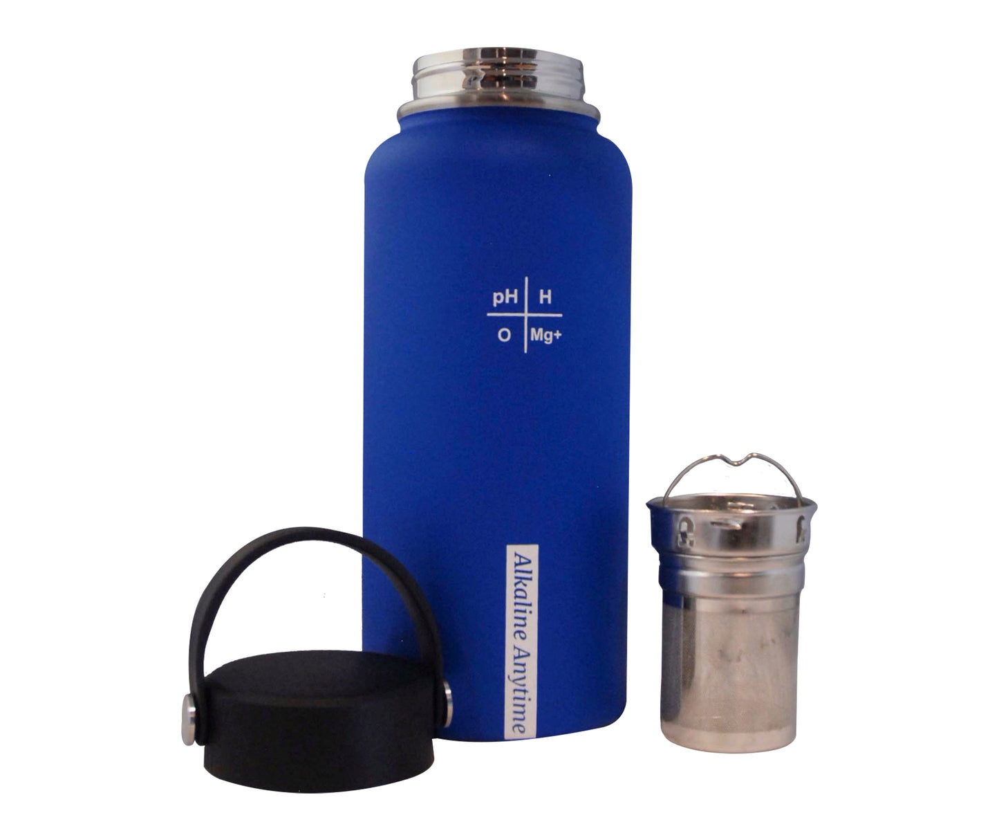32oz. Alkalische Wasserflasche Edelstahl | Erzeugt pH-Wasser bis zu 9,5+ pH | Weithals vakuumisoliert mit Griff | Micromesh-Beutel und Infuser