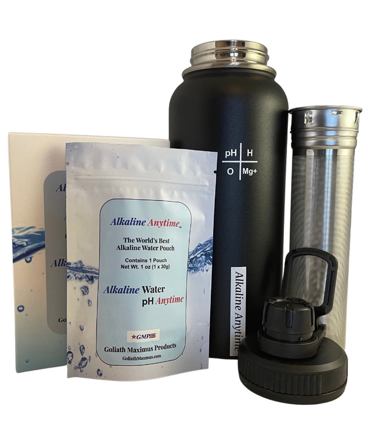 32oz. Alkalische Wasserflasche Edelstahl | Erzeugt pH-Wasser bis zu 9,5+ pH | Weithals vakuumisoliert mit Griff | Micromesh-Beutel und Infuser