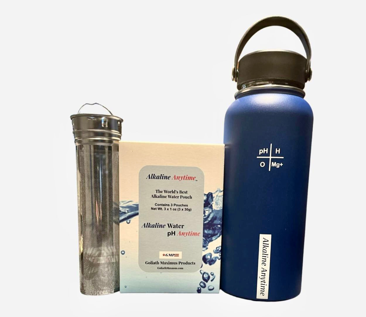 32oz. Alkalische Wasserflasche Edelstahl | Erzeugt pH-Wasser bis zu 9,5+ pH | Weithals vakuumisoliert mit Griff | Micromesh-Beutel und Infuser