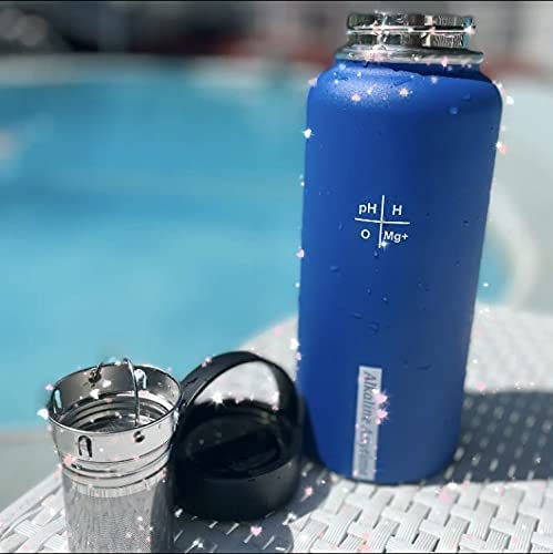 32oz. Alkalische Wasserflasche Edelstahl | Erzeugt pH-Wasser bis zu 9,5+ pH | Weithals vakuumisoliert mit Griff | Micromesh-Beutel und Infuser