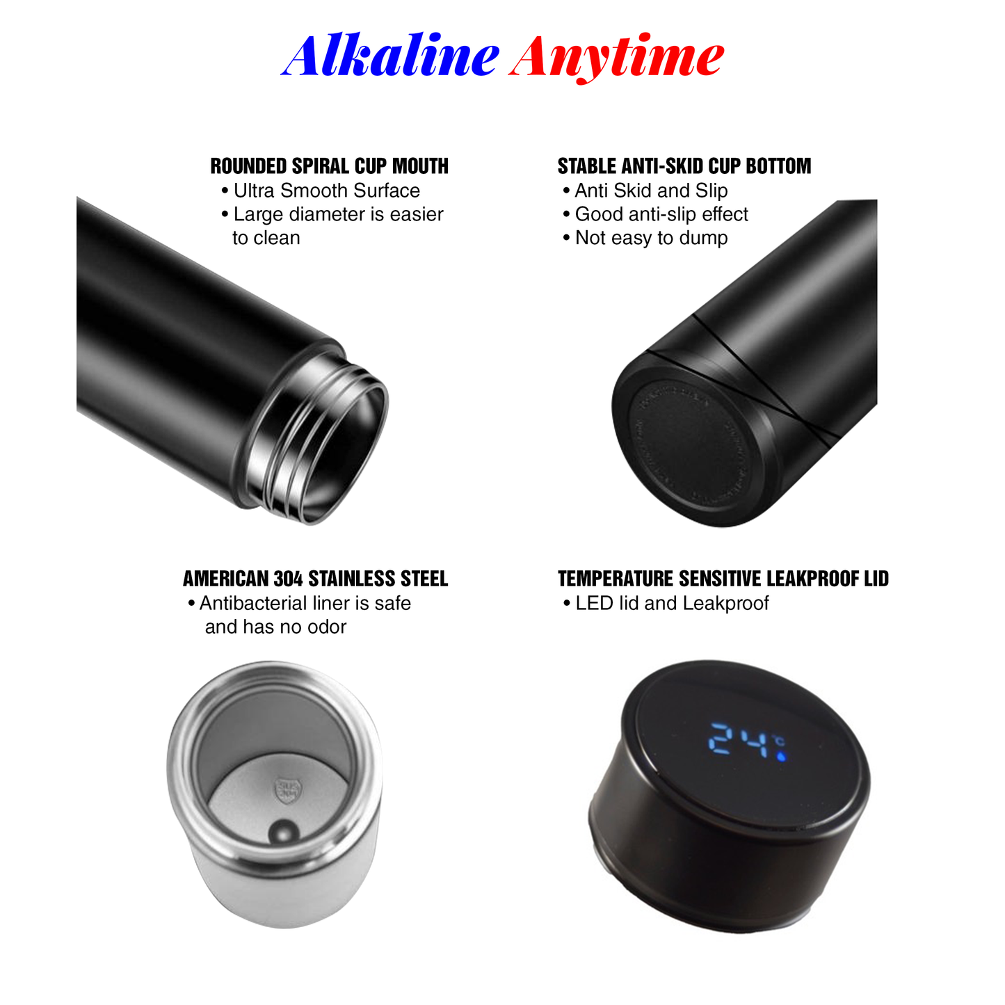 Executive Water Bottle Flask with 2 Lids (LED Display & Stainless Steel Lids) - Alkaline Anytime