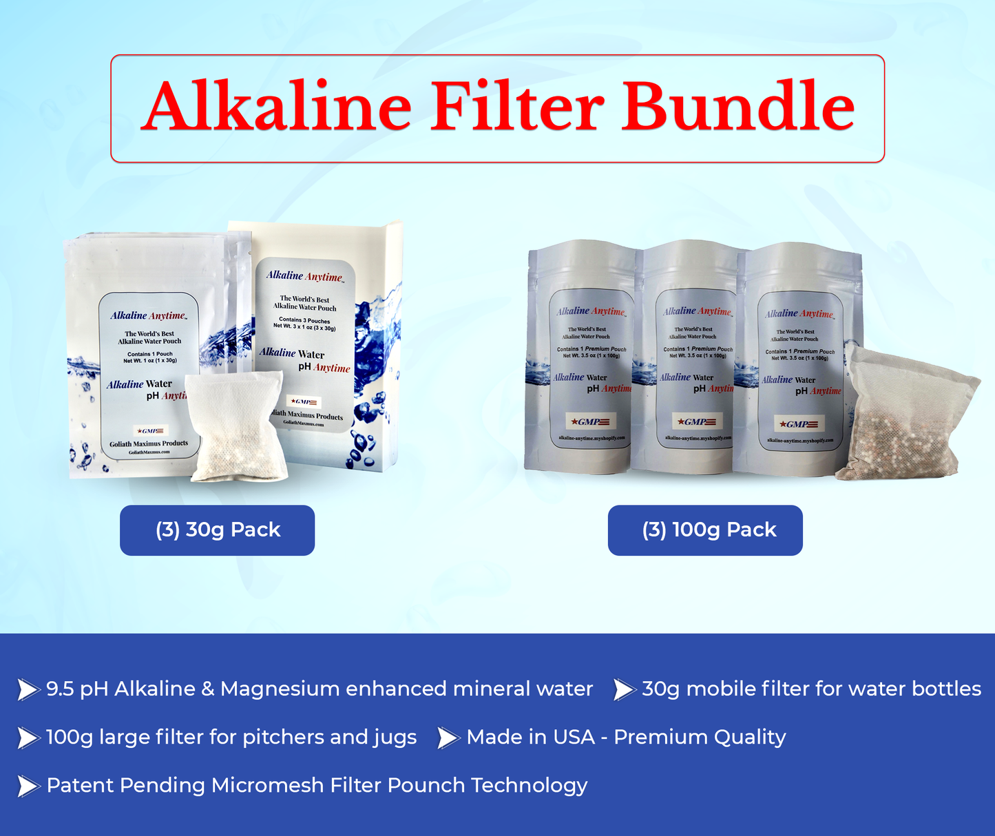 Alkaline Anytime Filter Bundle: Weltbestes alkalisches Wasser - 3 Packungen mit 30 g und 3 Packungen mit 100 g, passen in jeden Behälter -9,5 pH + ionisierte Elektrolyte