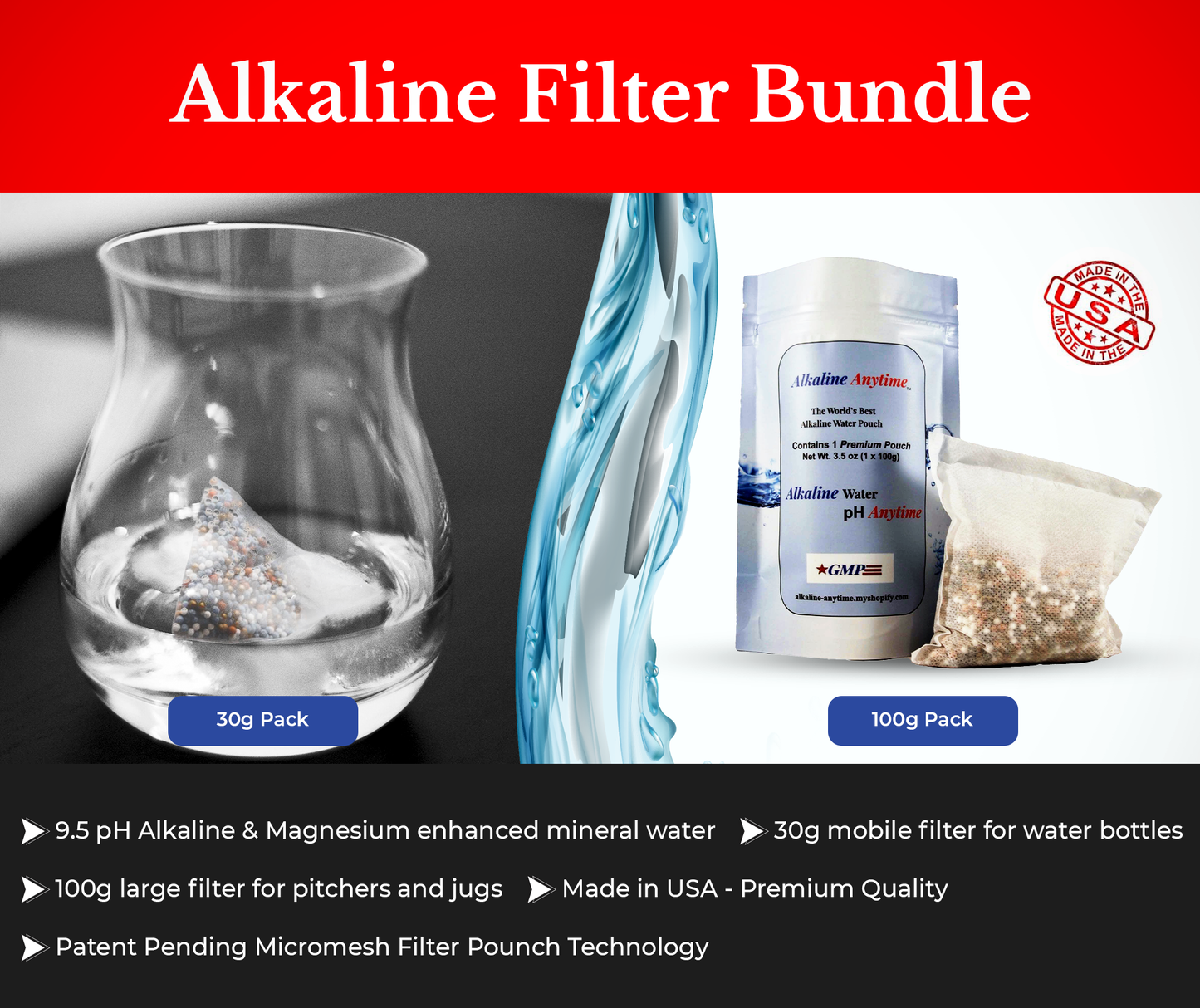 Alkaline Anytime Filter Bundle: Weltbestes alkalisches Wasser - 3 Packungen mit 30 g und 3 Packungen mit 100 g, passen in jeden Behälter -9,5 pH + ionisierte Elektrolyte