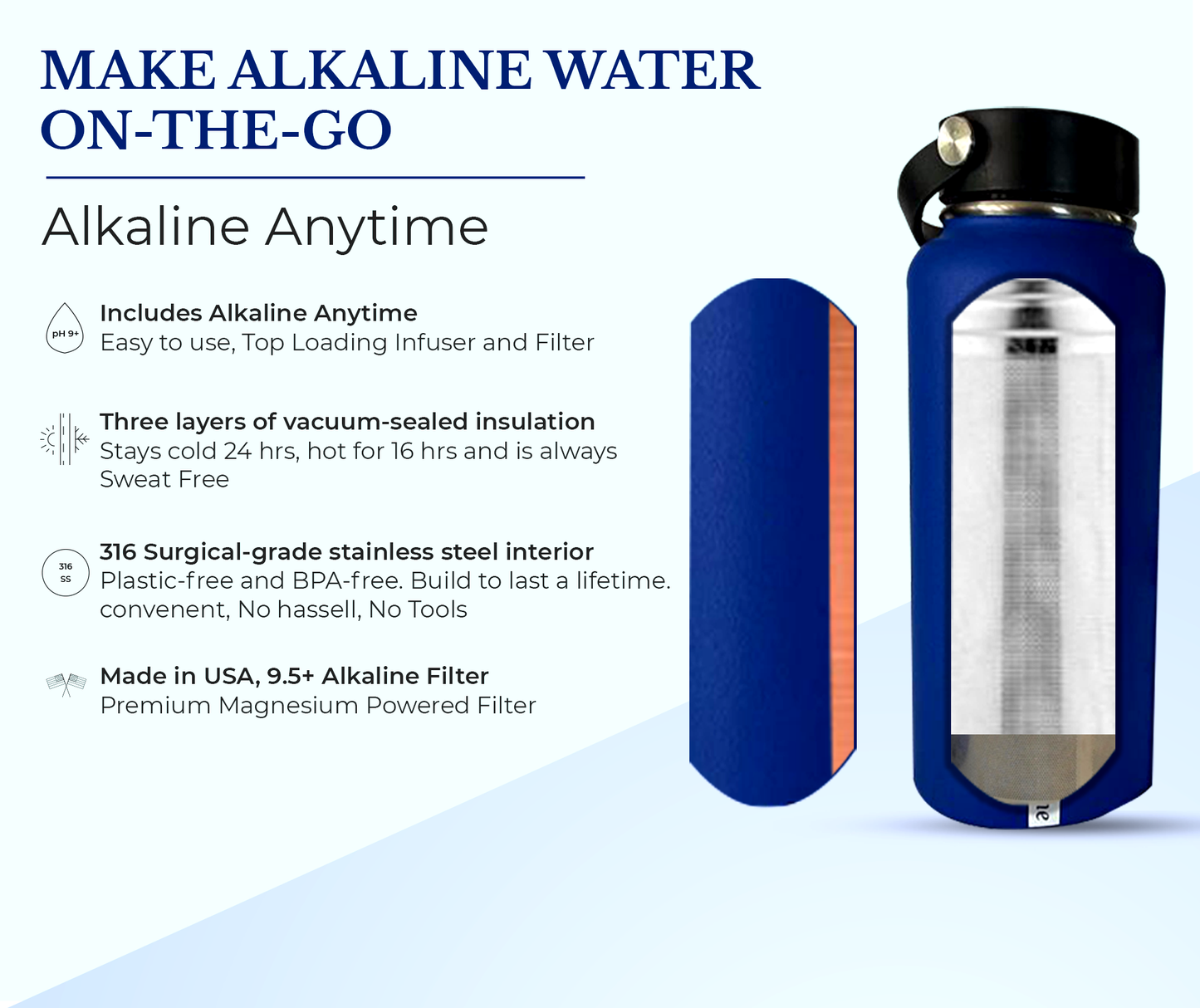 32oz. Alkalische Wasserflasche Edelstahl | Erzeugt pH-Wasser bis zu 9,5+ pH | Weithals vakuumisoliert mit Griff | Micromesh-Beutel und Infuser
