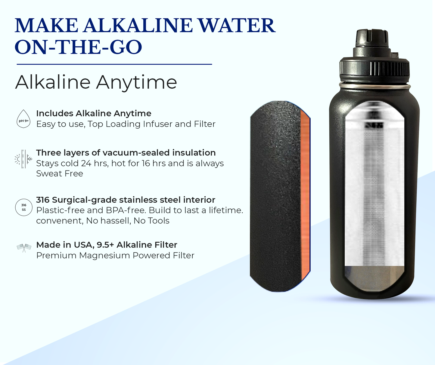32oz. Alkalische Wasserflasche Edelstahl | Erzeugt pH-Wasser bis zu 9,5+ pH | Weithals vakuumisoliert mit Griff | Micromesh-Beutel und Infuser