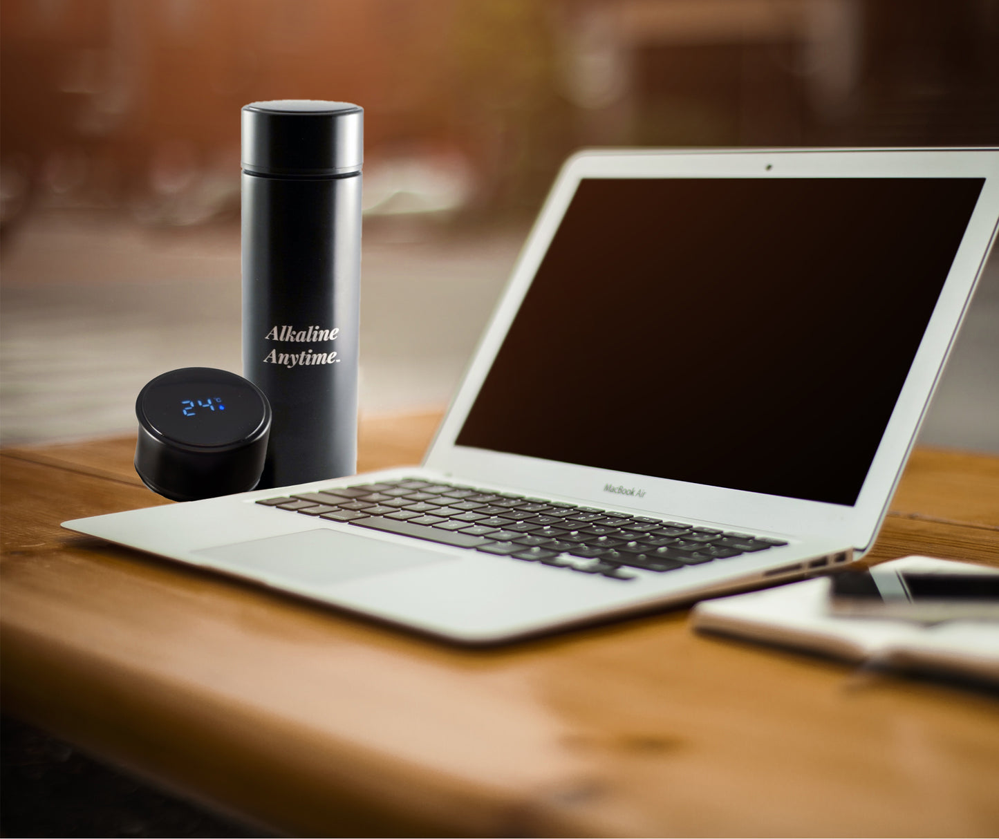 Executive Water Bottle Flask with 2 Lids (LED Display & Stainless Steel Lids) - Alkaline Anytime