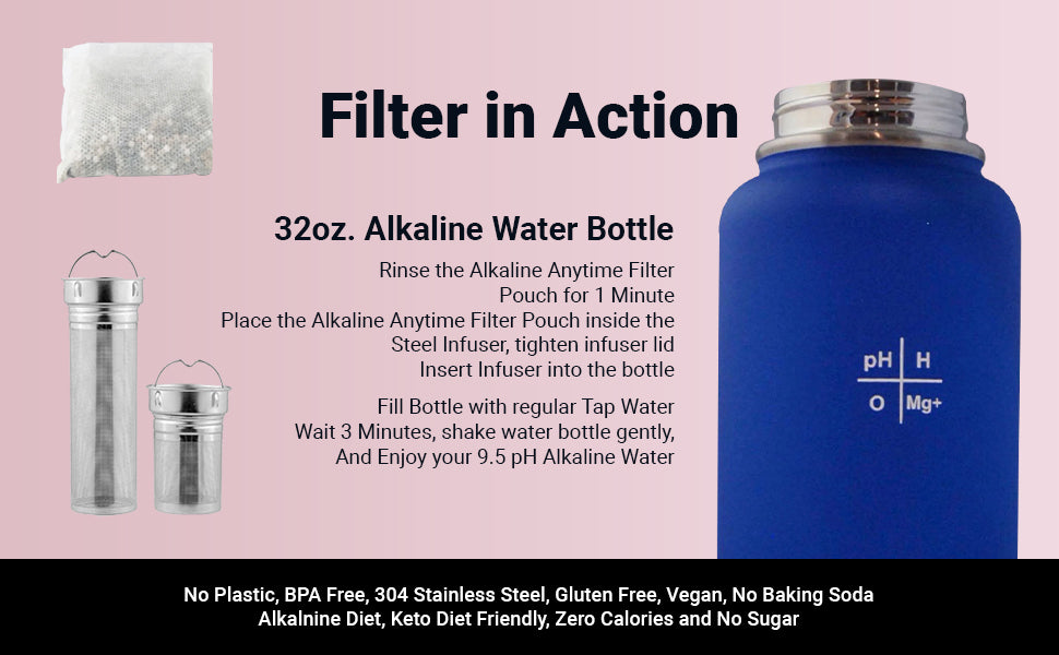 32oz. Alkalische Wasserflasche Edelstahl | Erzeugt pH-Wasser bis zu 9,5+ pH | Weithals vakuumisoliert mit Griff | Micromesh-Beutel und Infuser