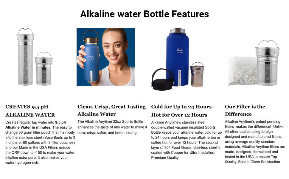 32oz. Alkalische Wasserflasche Edelstahl | Erzeugt pH-Wasser bis zu 9,5+ pH | Weithals vakuumisoliert mit Griff | Micromesh-Beutel und Infuser