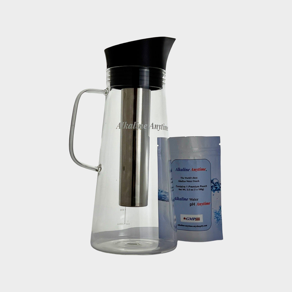 Alkalischer Wasserfilterkrug mit Teesieb, Glaskrug mit Deckel 1,5 l | 9,5 pH-Alkalifilter | Teekanne | Borosilikatglas | Teekanne