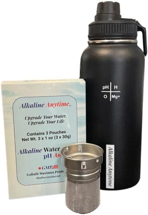 32oz. Alkalische Wasserflasche Edelstahl | Erzeugt pH-Wasser bis zu 9,5+ pH | Weithals vakuumisoliert mit Griff | Micromesh-Beutel und Infuser